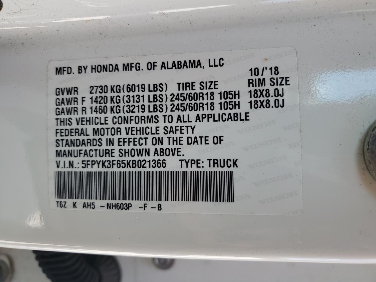 5FPYK3F65KB021366 2019 Honda Ridgeline Rtl