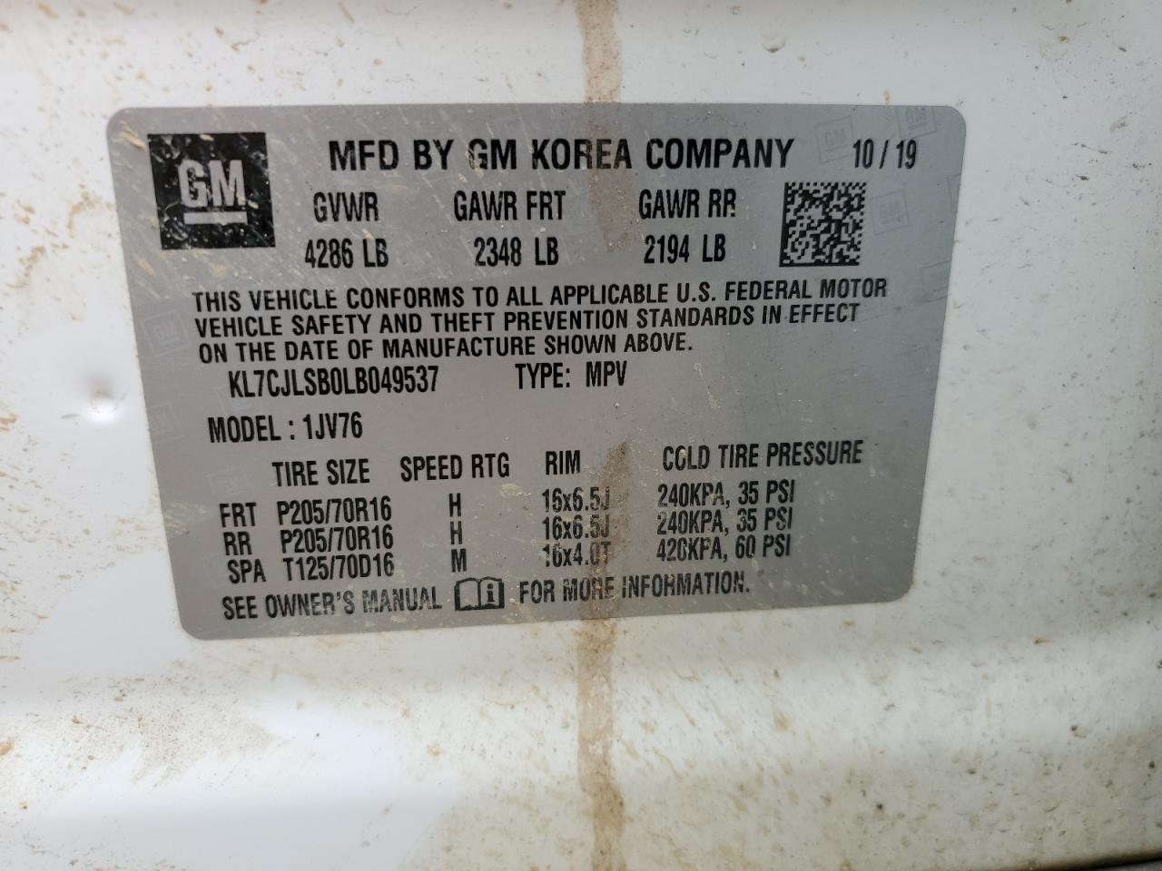 KL7CJLSB0LB049537 2020 Chevrolet Trax 1Lt