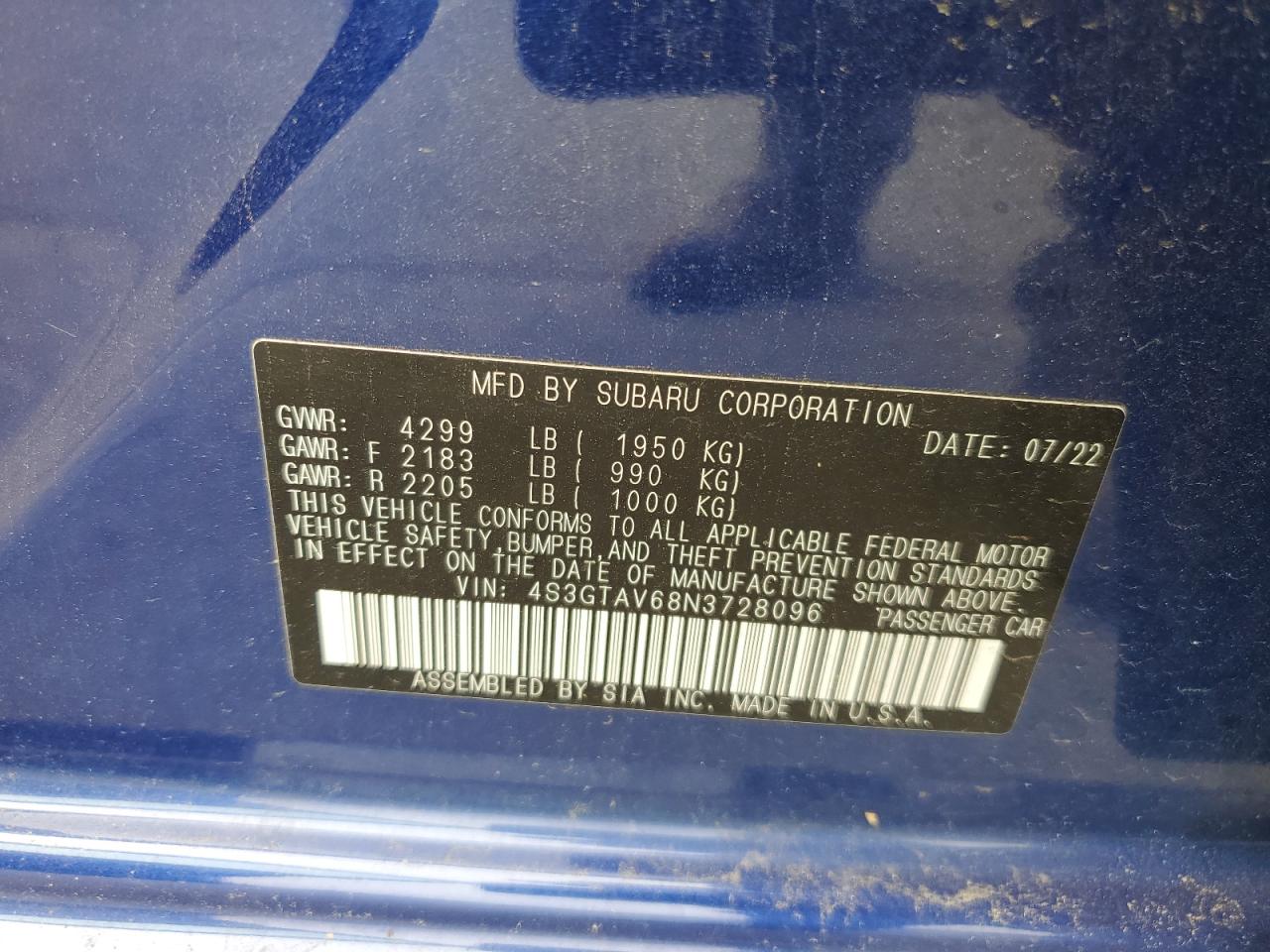 4S3GTAV68N3728096 2022 Subaru Impreza Premium