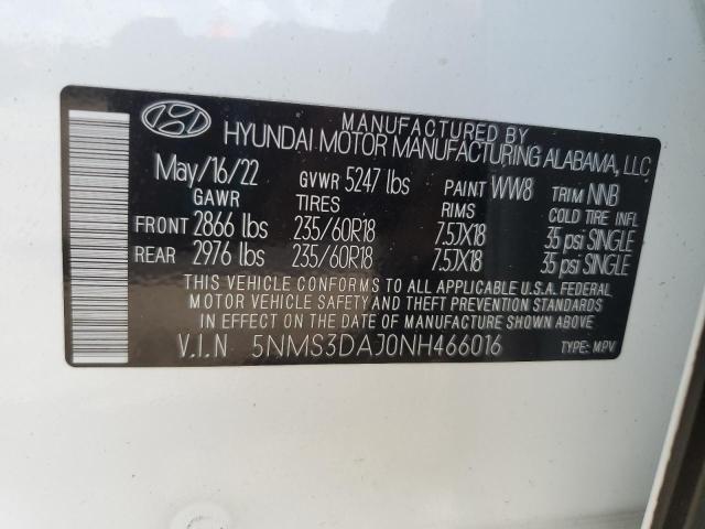 2022 Hyundai Santa Fe Sel VIN: 5NMS3DAJ0NH466016 Lot: 60053874