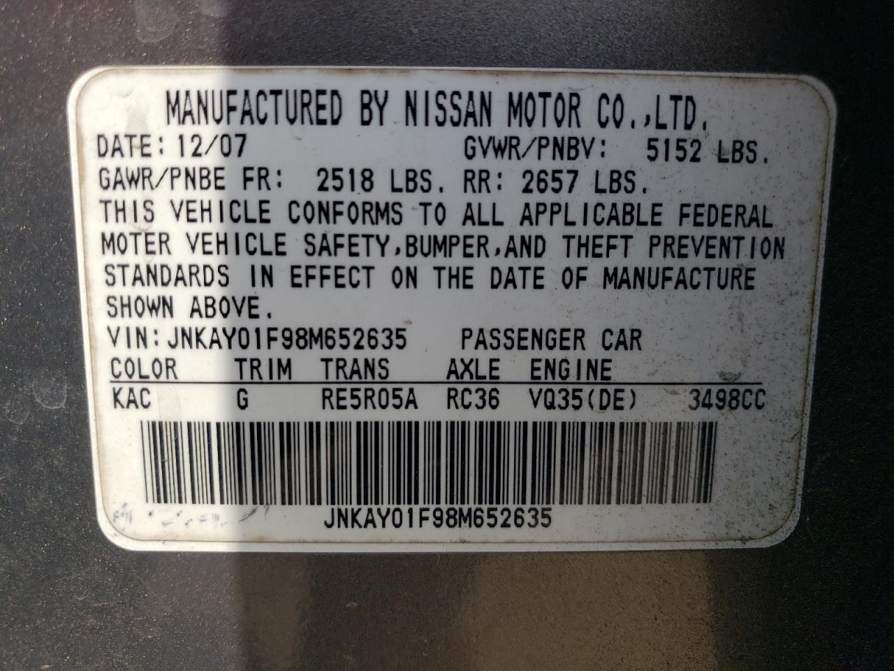 JNKAY01F98M652635 2008 Infiniti M35 Base