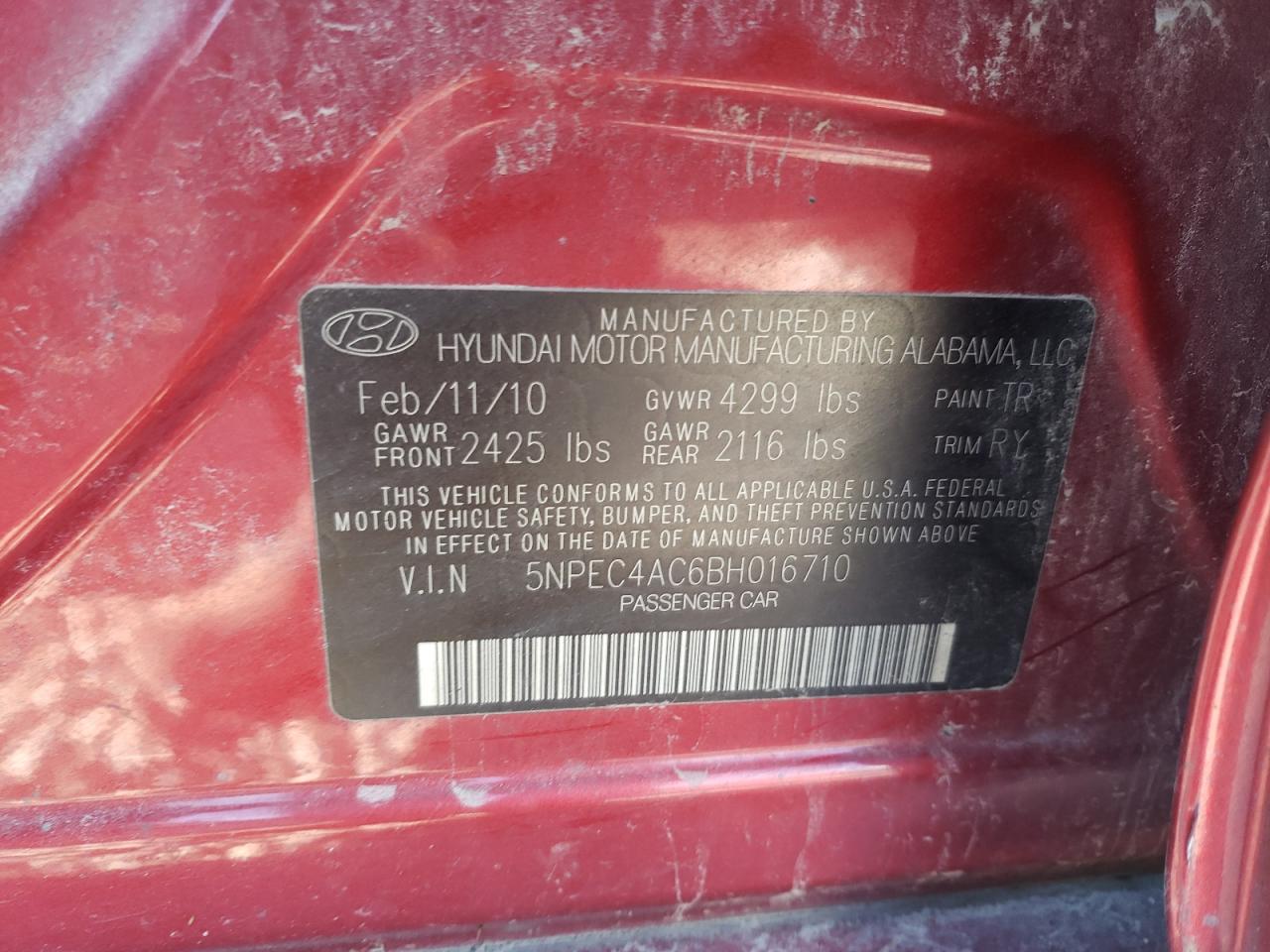 5NPEC4AC6BH016710 2011 Hyundai Sonata Se