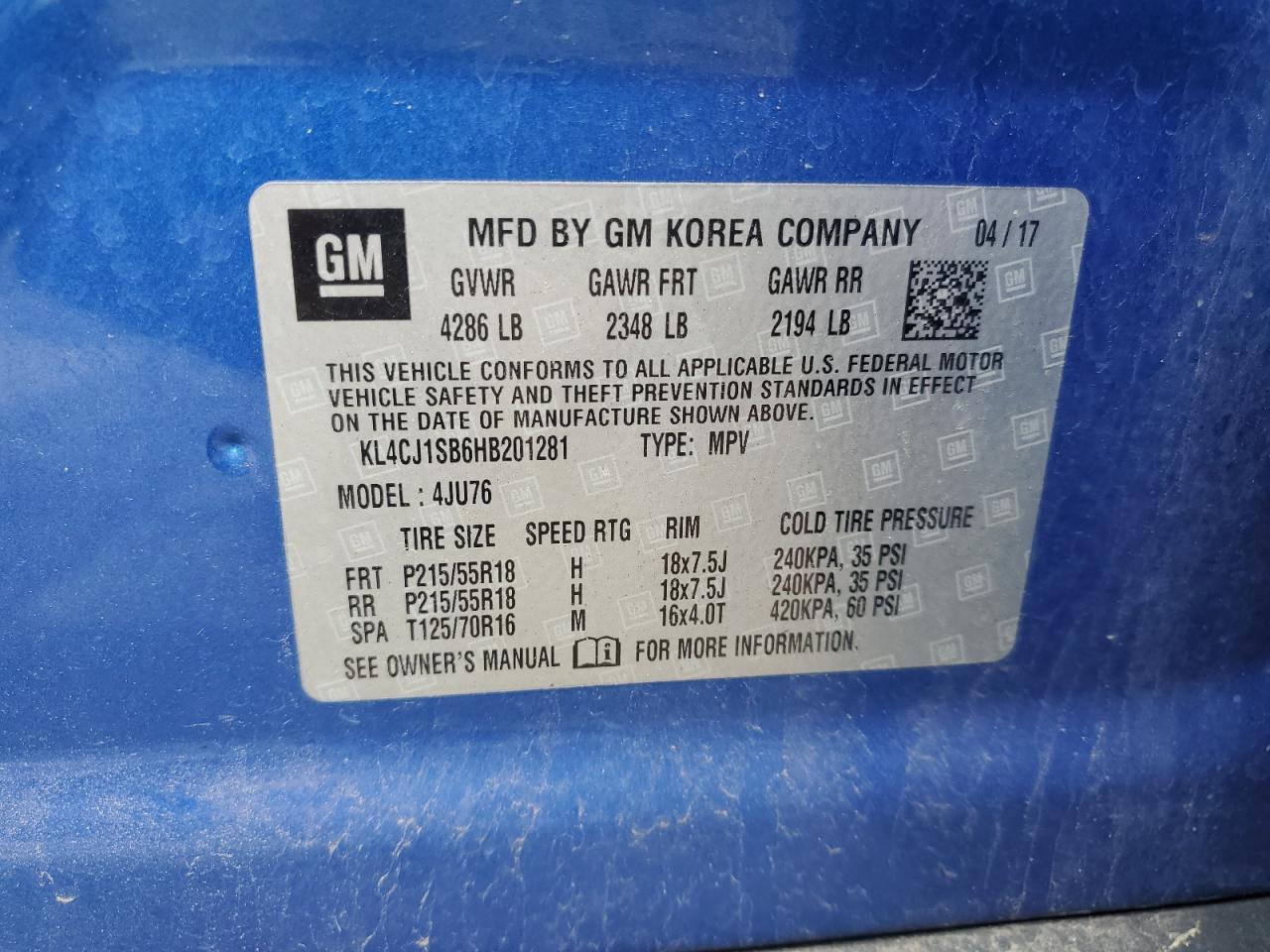 KL4CJ1SB6HB201281 2017 Buick Encore Sport Touring