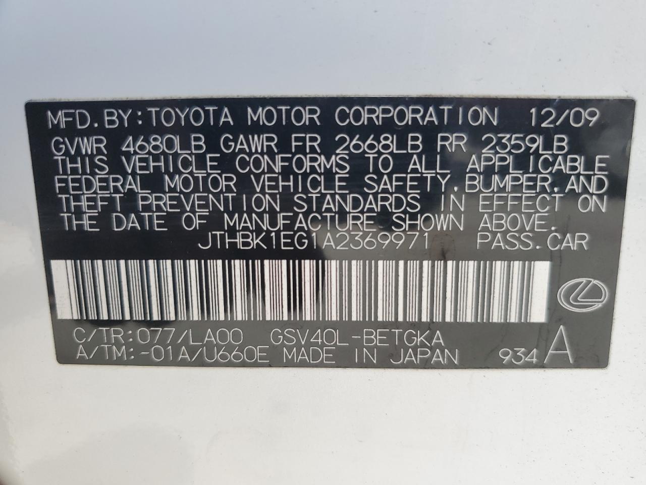 JTHBK1EG1A2369971 2010 Lexus Es 350