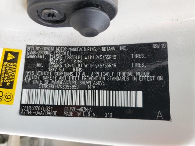 2019 Toyota Highlander Se VIN: 5TDKZRFH7KS355859 Lot: 57099424