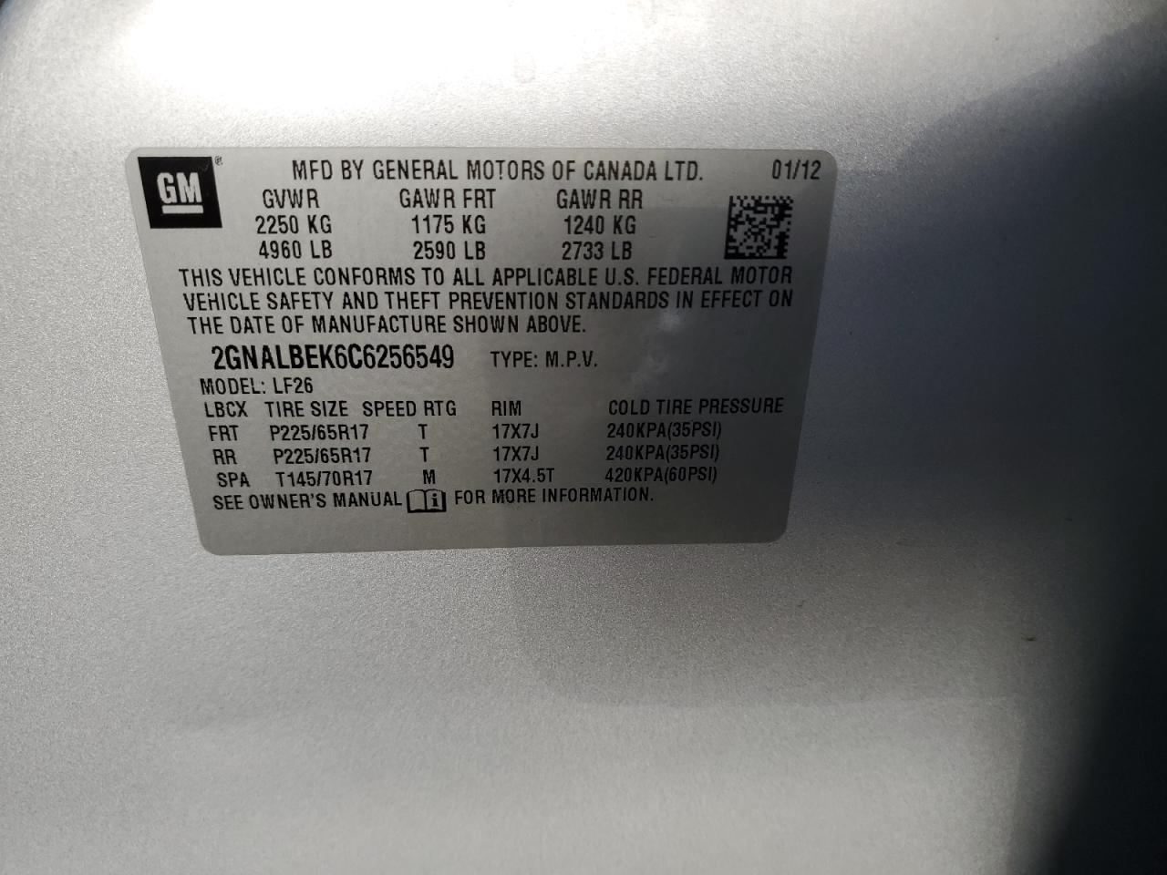 2GNALBEK6C6256549 2012 Chevrolet Equinox Ls