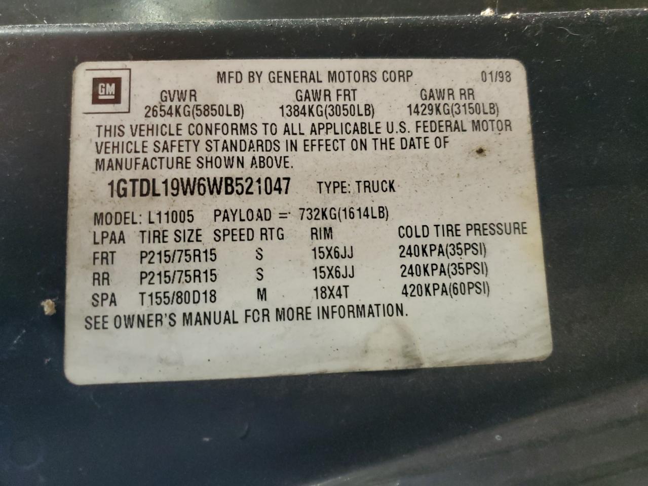 1GTDL19W6WB521047 1998 GMC Safari Xt