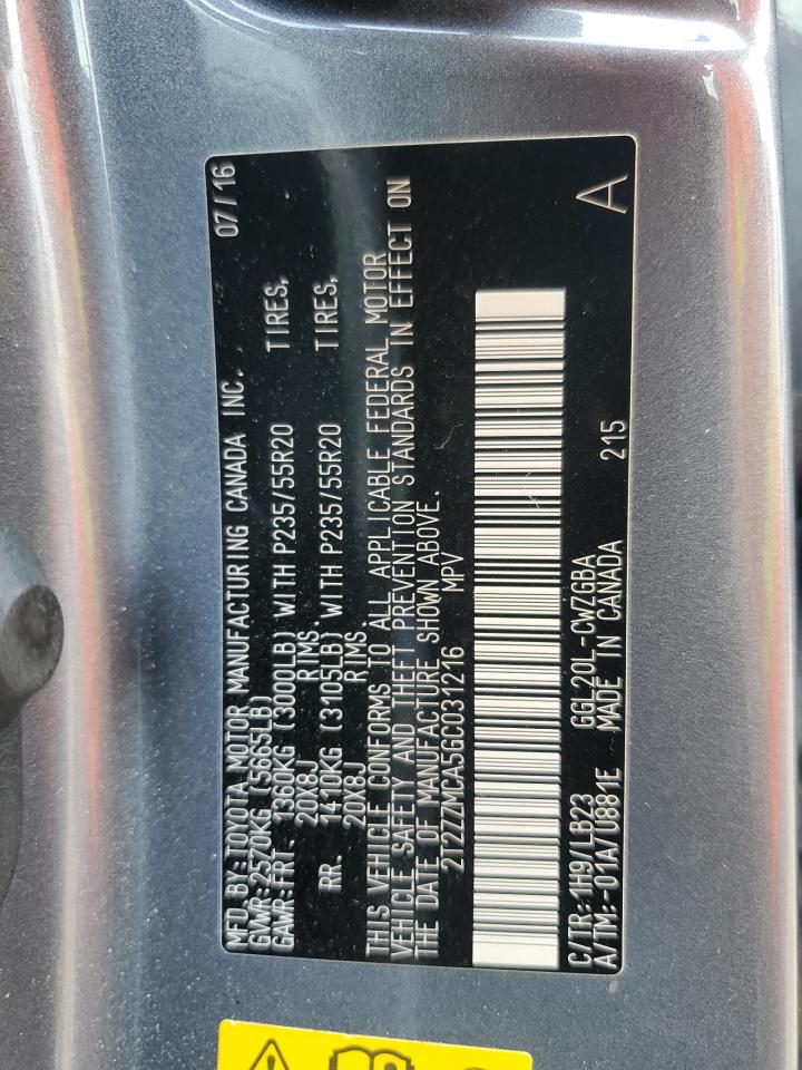 2T2ZZMCA5GC031216 2016 Lexus Rx 350