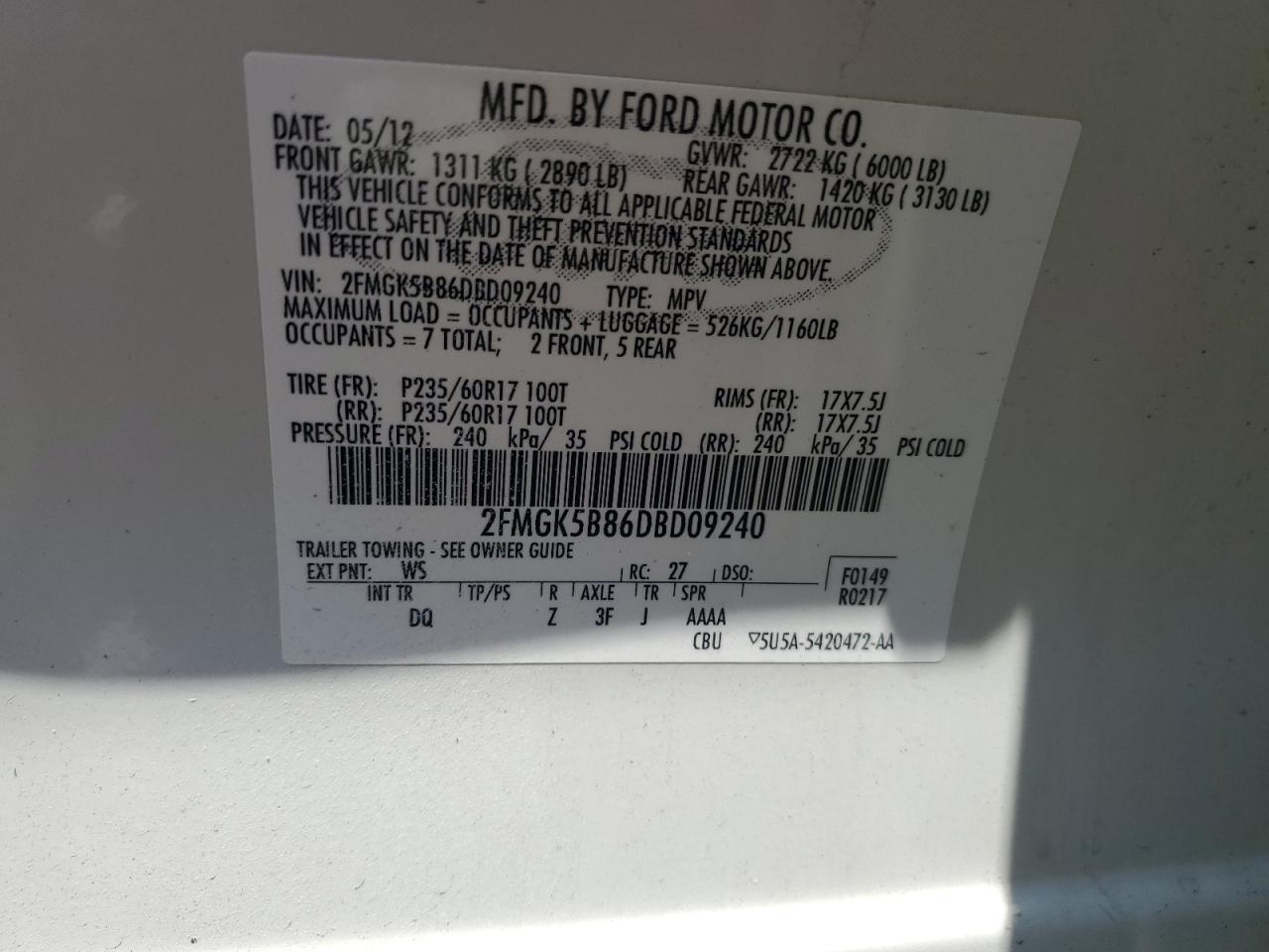 2FMGK5B86DBD09240 2013 Ford Flex Se