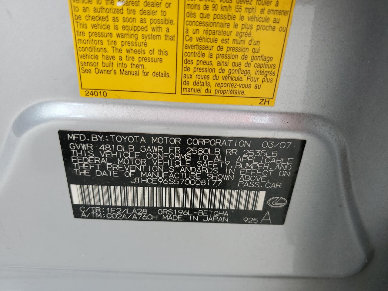 JTHCE96S570008177 2007 Lexus Gs 350