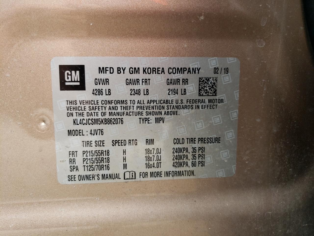 KL4CJCSM5KB862076 2019 Buick Encore Essence