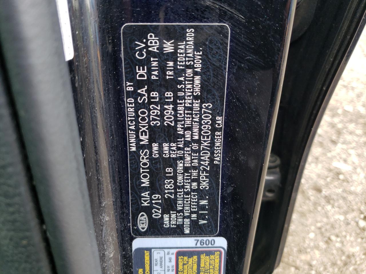 3KPF24AD7KE093073 2019 Kia Forte Fe