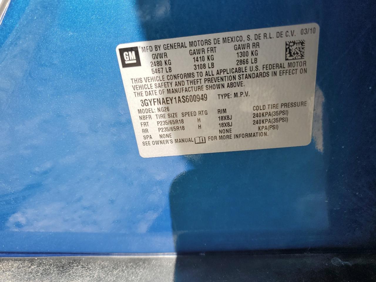 3GYFNAEY1AS600949 2010 Cadillac Srx Luxury Collection