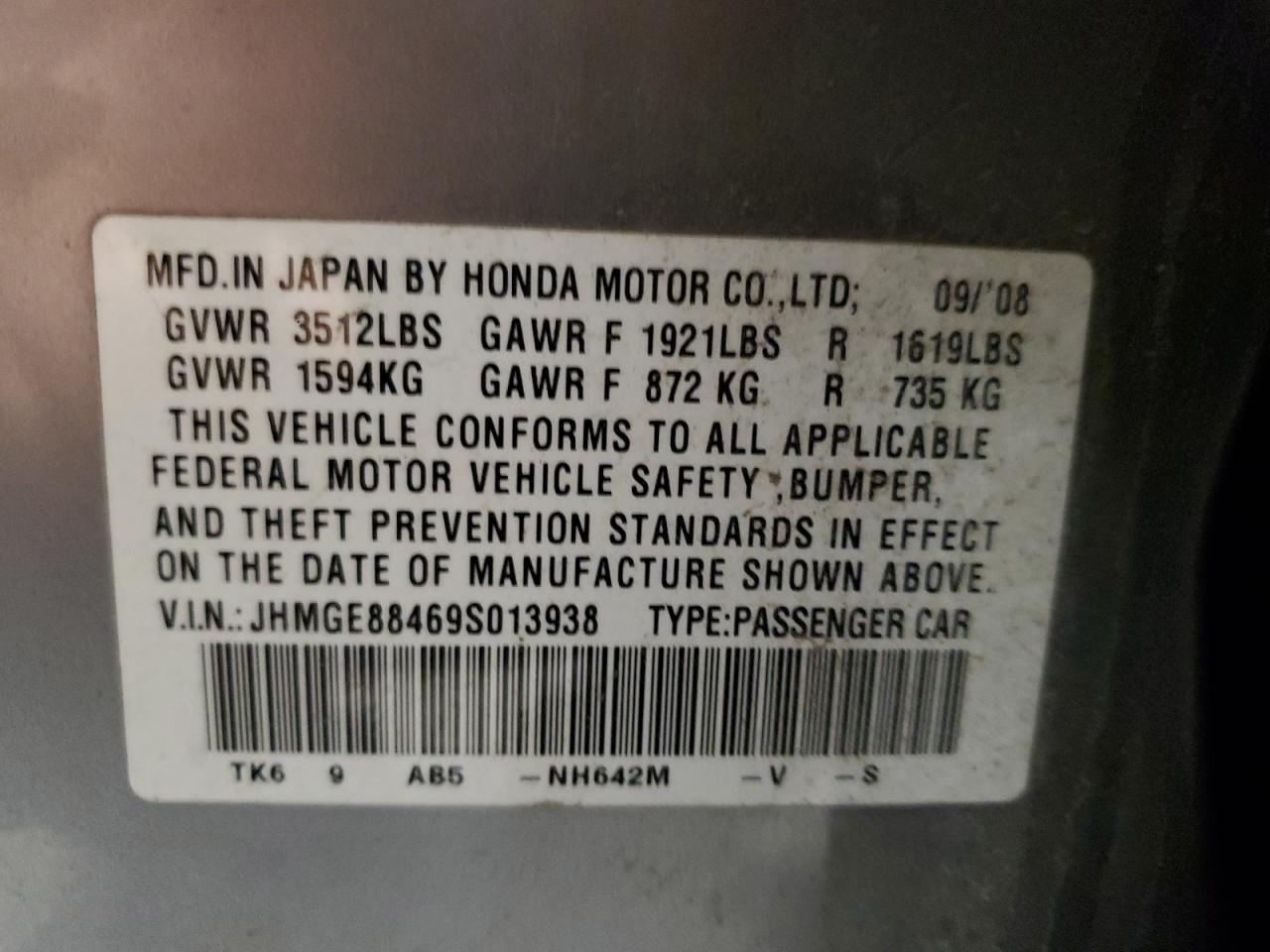 JHMGE88469S013938 2009 Honda Fit Sport