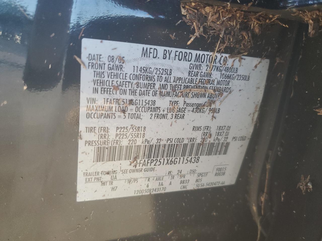 1FAFP251X6G115438 2006 Ford Five Hundred Limited