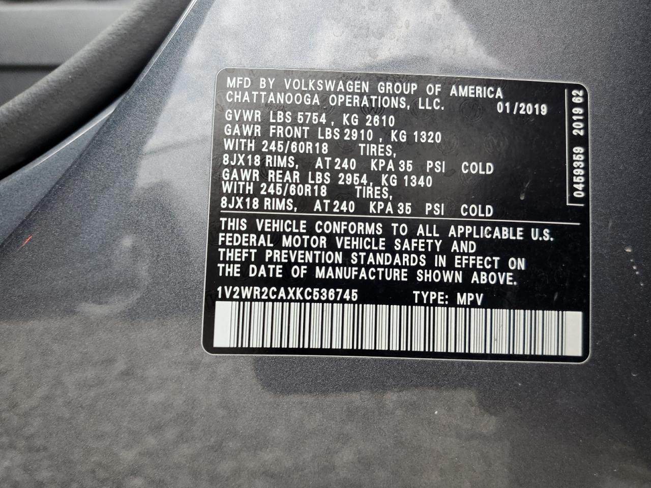 1V2WR2CAXKC536745 2019 Volkswagen Atlas Se