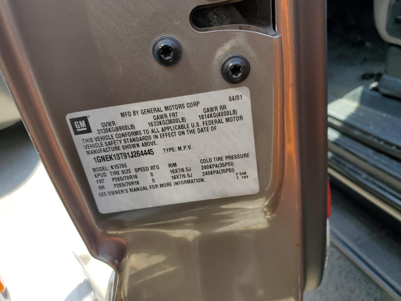 1GNEK13T91J264445 2001 Chevrolet Tahoe K1500