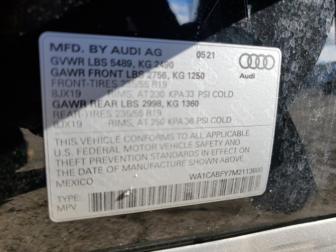 WA1CABFY7M2113600 2021 Audi Q5 Prestige