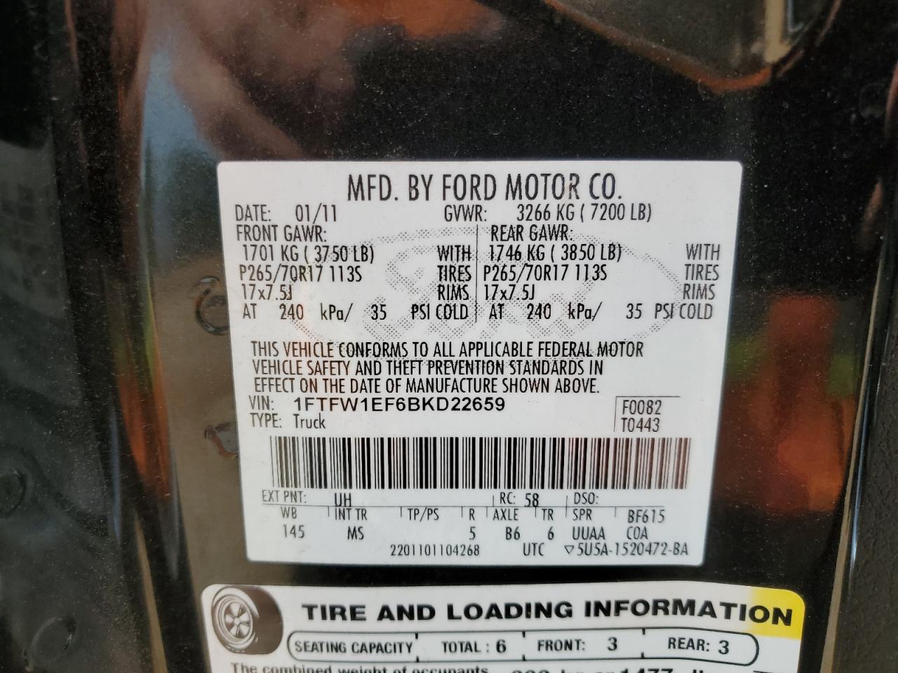 1FTFW1EF6BKD22659 2011 Ford F150 Supercrew