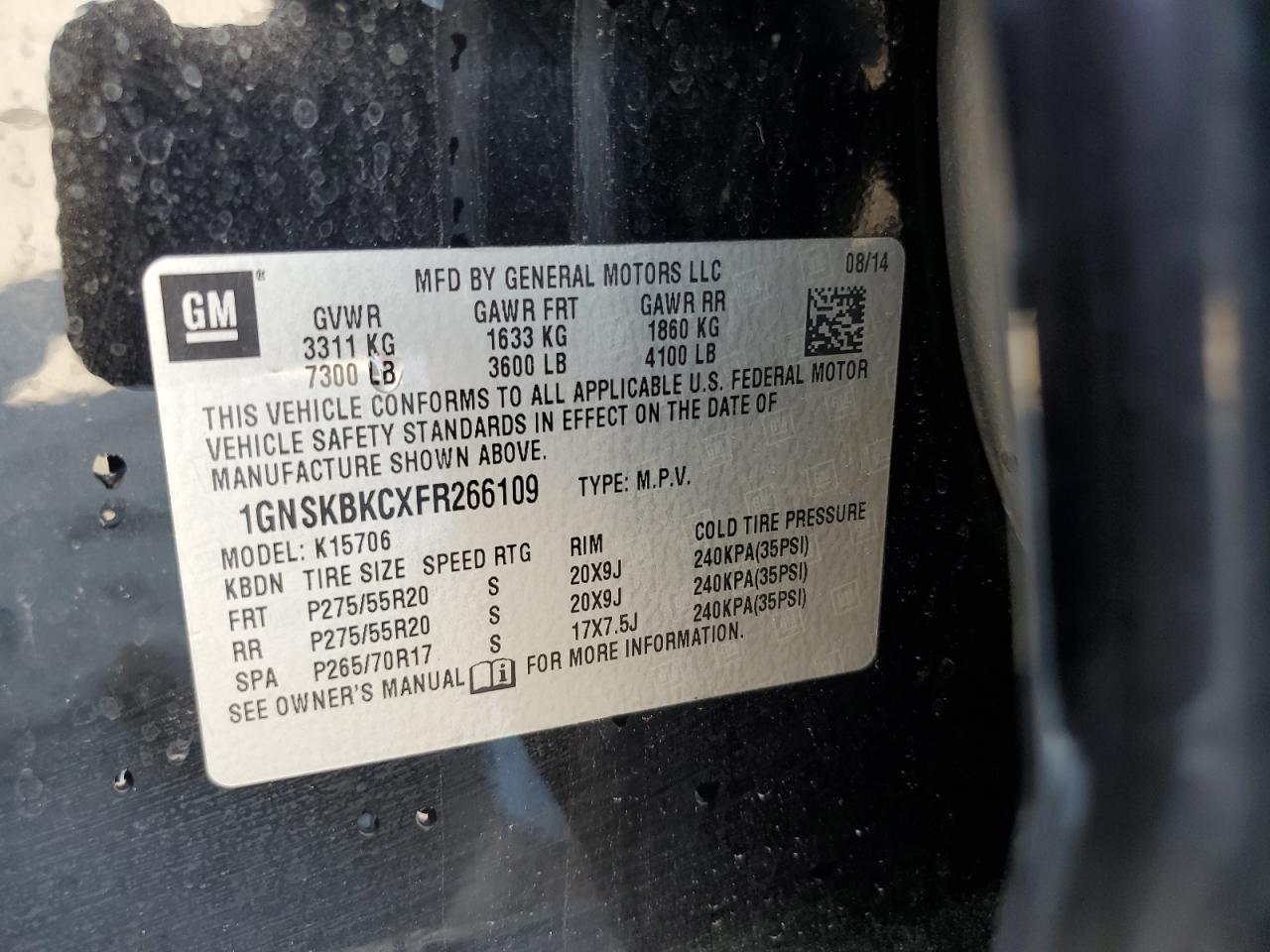 1GNSKBKCXFR266109 2015 Chevrolet Tahoe K1500 Lt