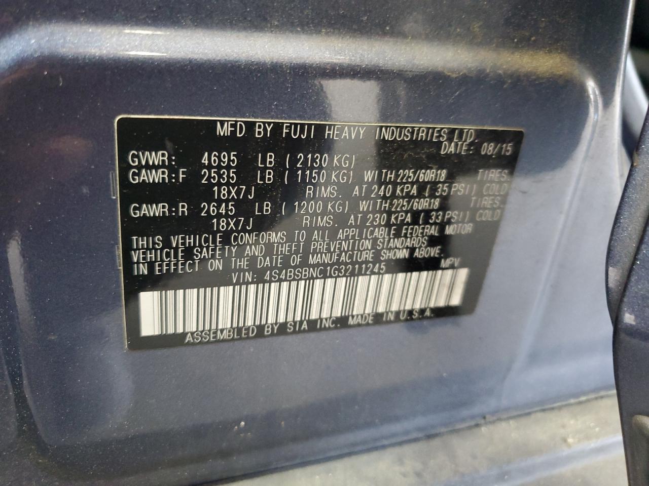 4S4BSBNC1G3211245 2016 Subaru Outback 2.5I Limited