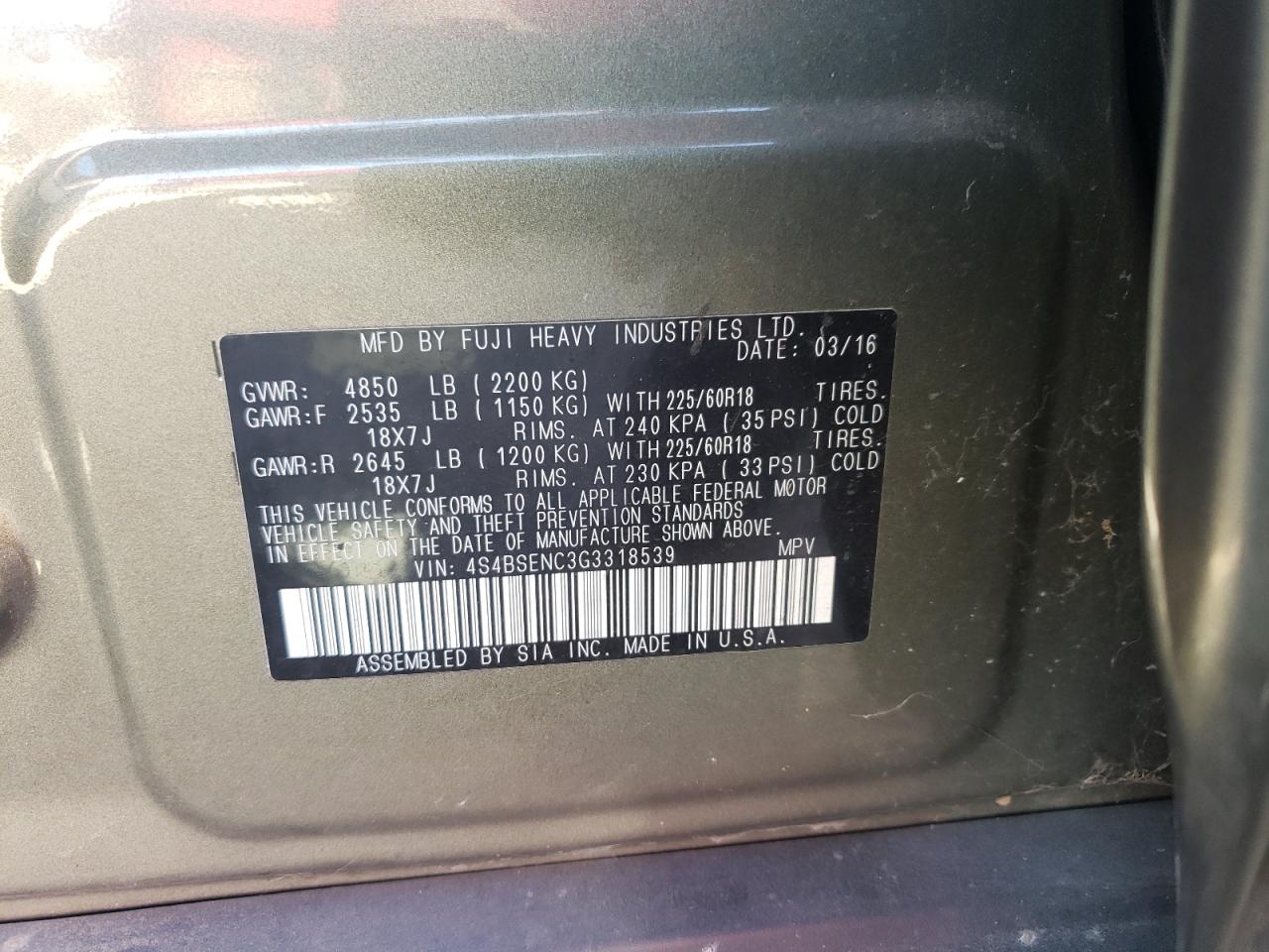 4S4BSENC3G3318539 2016 Subaru Outback 3.6R Limited