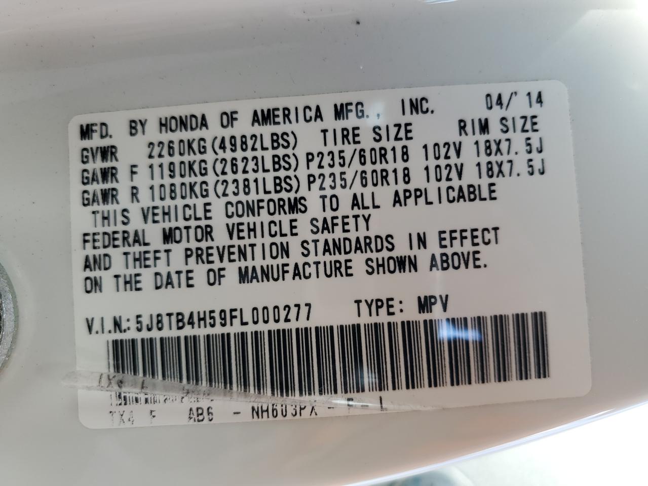 5J8TB4H59FL000277 2015 Acura Rdx Technology