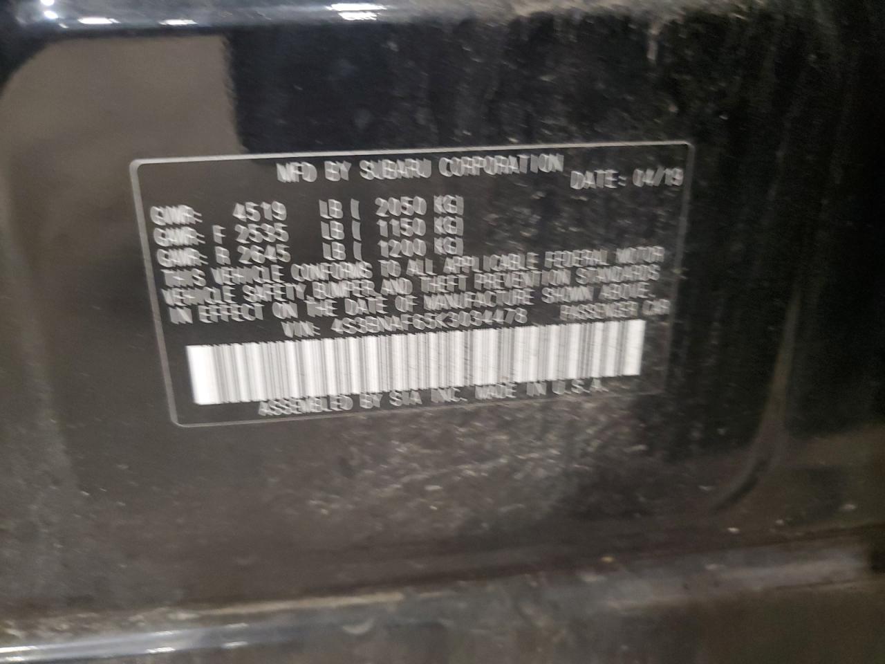 4S3BNAF65K3034478 2019 Subaru Legacy 2.5I Premium