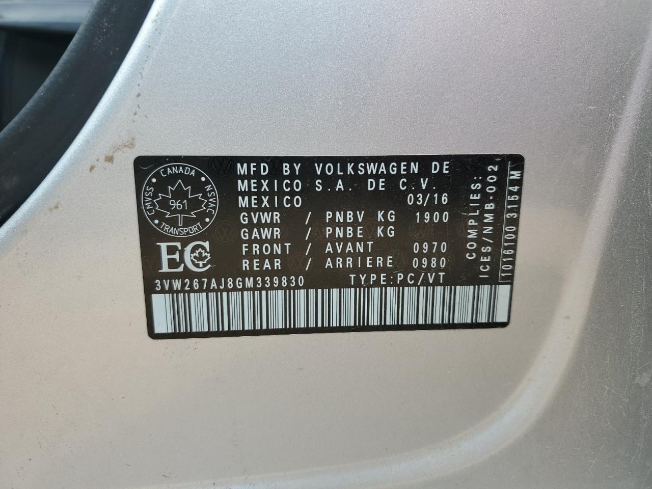 3VW267AJ8GM339830 2016 Volkswagen Jetta S