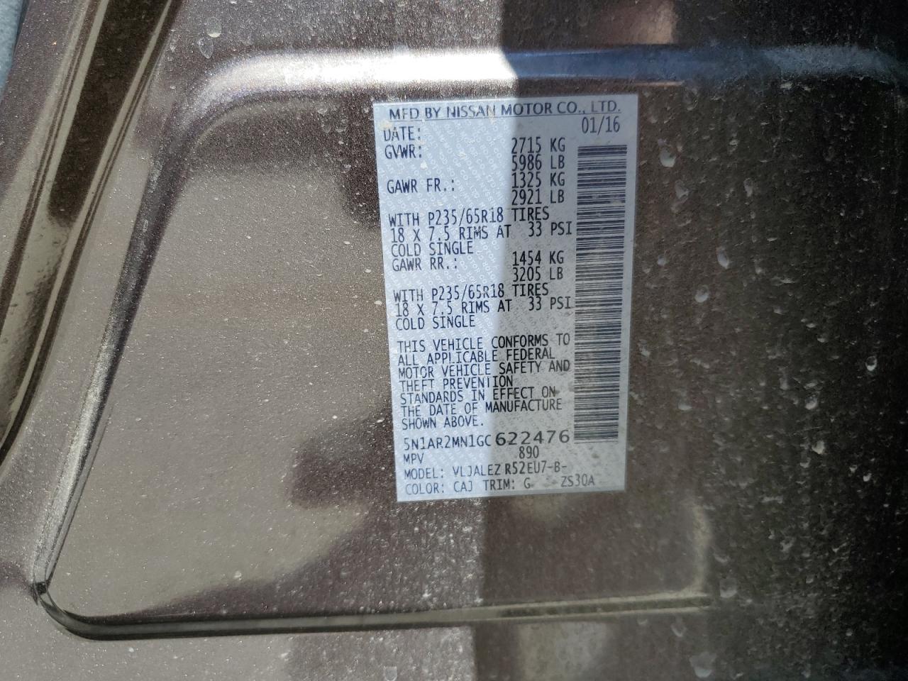 5N1AR2MN1GC622476 2016 Nissan Pathfinder S