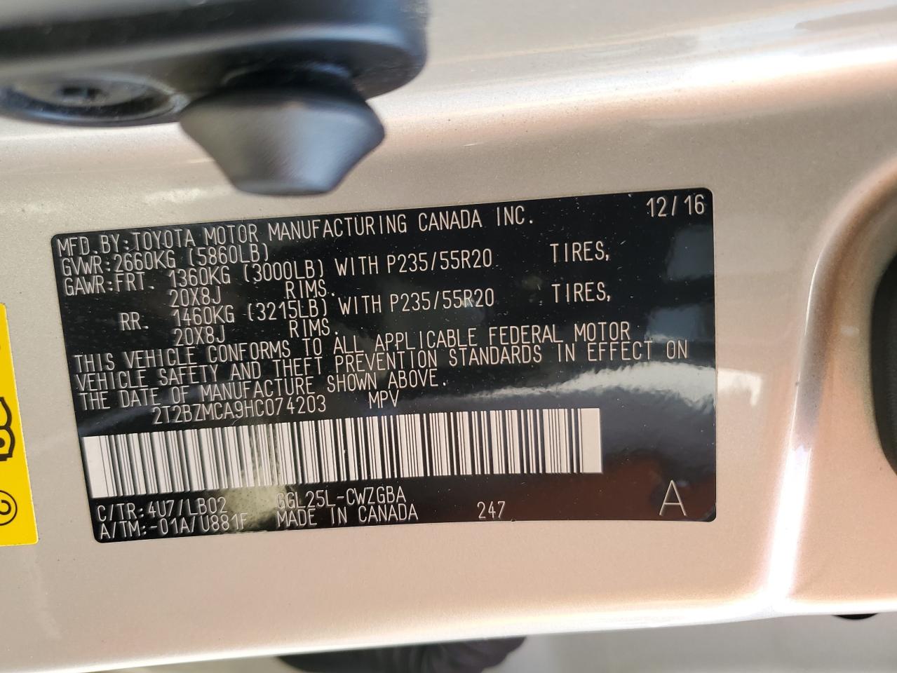 2T2BZMCA9HC074203 2017 Lexus Rx 350 Base