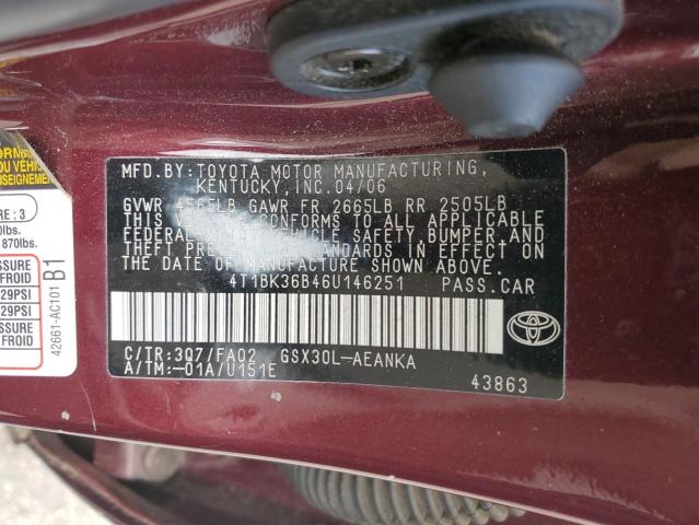 2006 Toyota Avalon Xl VIN: 4T1BK36B46U146251 Lot: 59156514