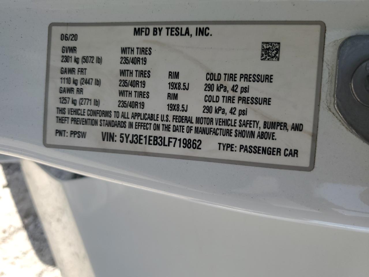 5YJ3E1EB3LF719862 2020 Tesla Model 3