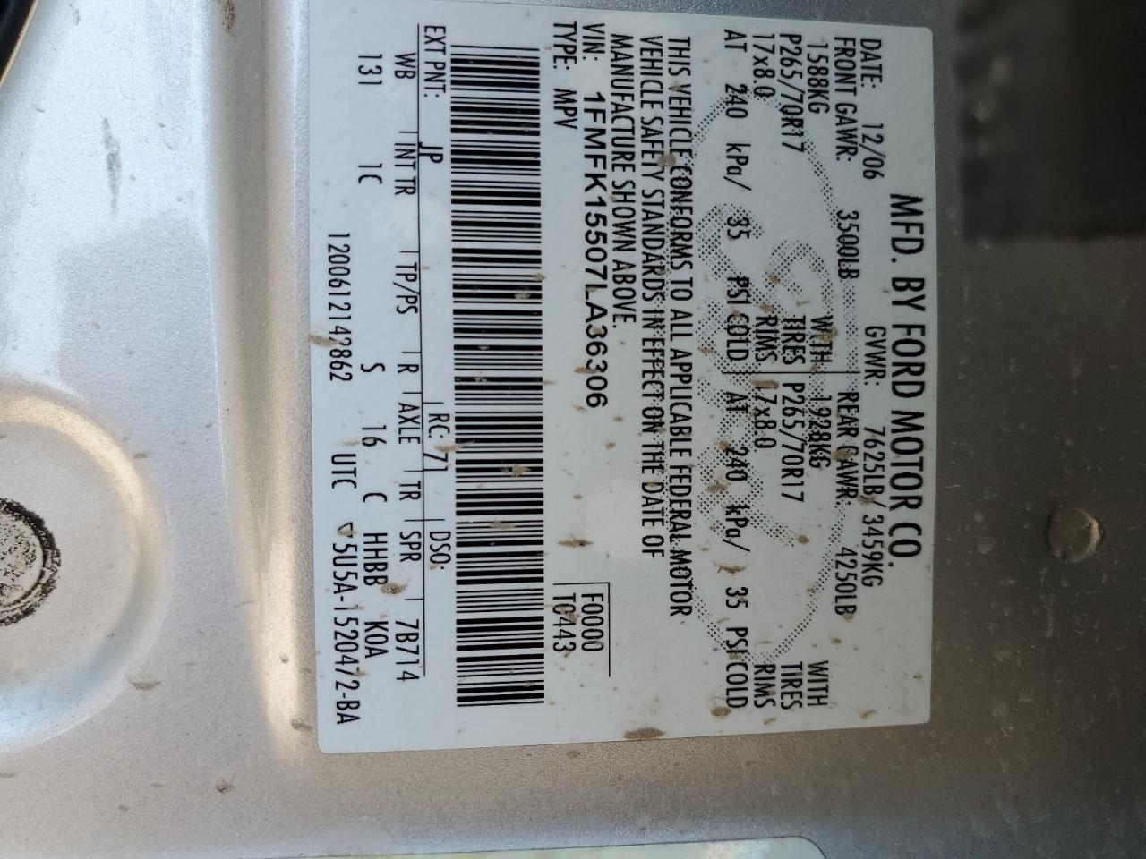 1FMFK15507LA36306 2007 Ford Expedition El Xlt