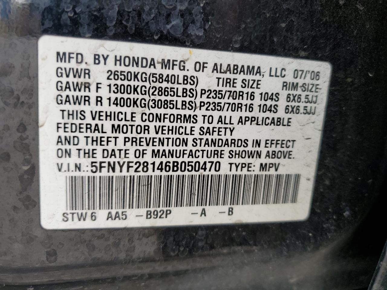 5FNYF28146B050470 2006 Honda Pilot Lx