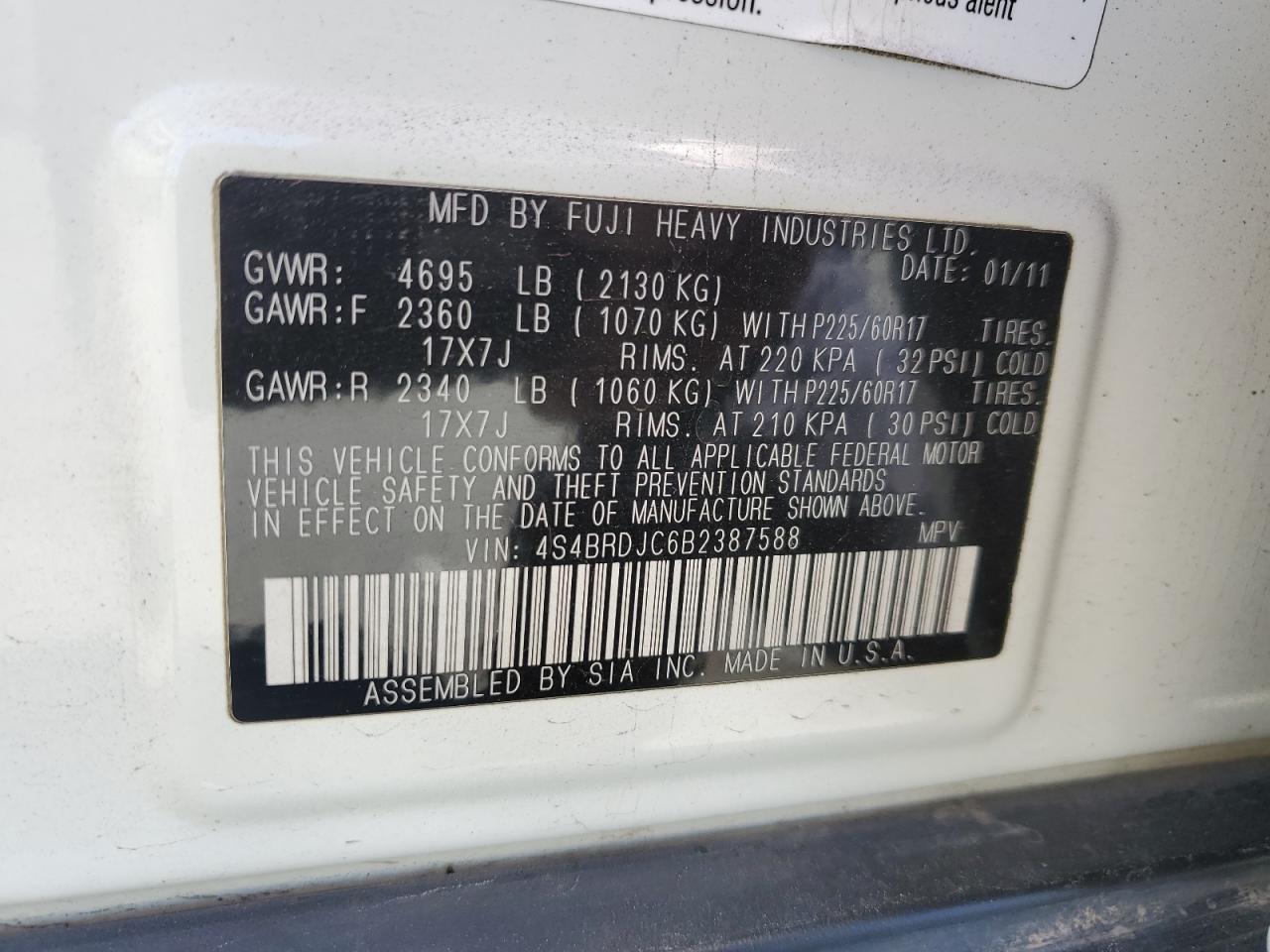 4S4BRDJC6B2387588 2011 Subaru Outback 3.6R Limited