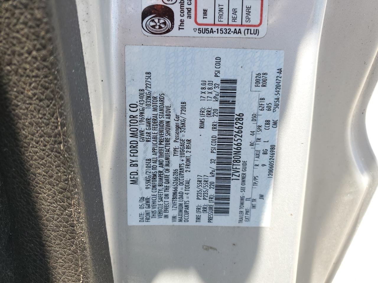 1ZVFT80N665266286 2006 Ford Mustang