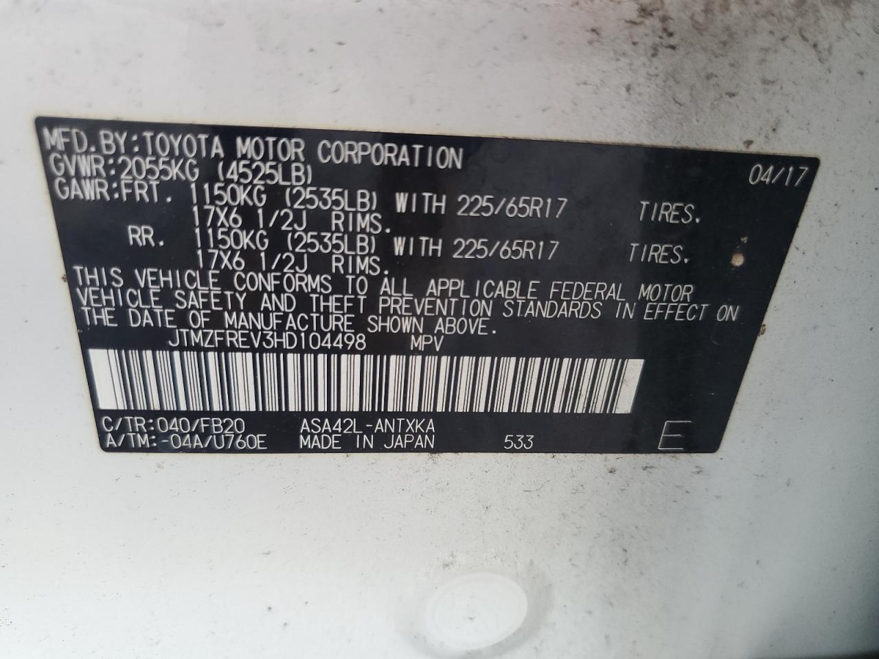 JTMZFREV3HD104498 2017 Toyota Rav4 Le