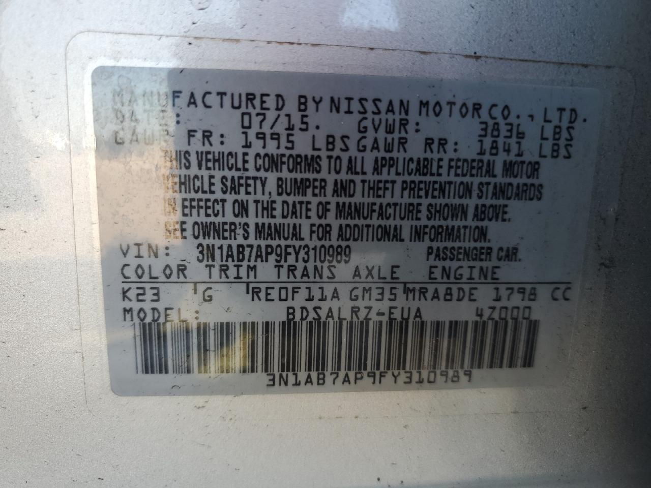 3N1AB7AP9FY310989 2015 Nissan Sentra S