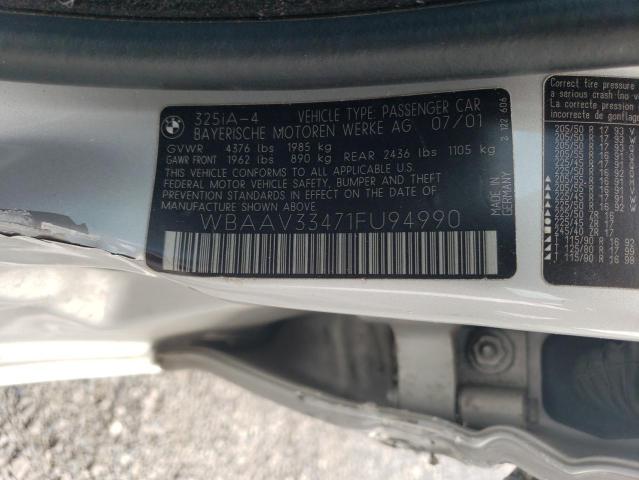 2001 BMW 325 I VIN: WBAAV33471FU94990 Lot: 60829554