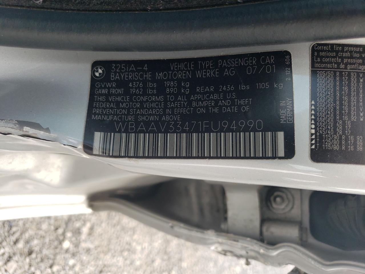 WBAAV33471FU94990 2001 BMW 325 I