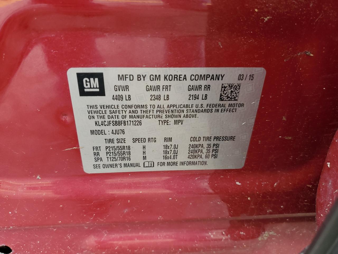 KL4CJFSB8FB171226 2015 Buick Encore Convenience