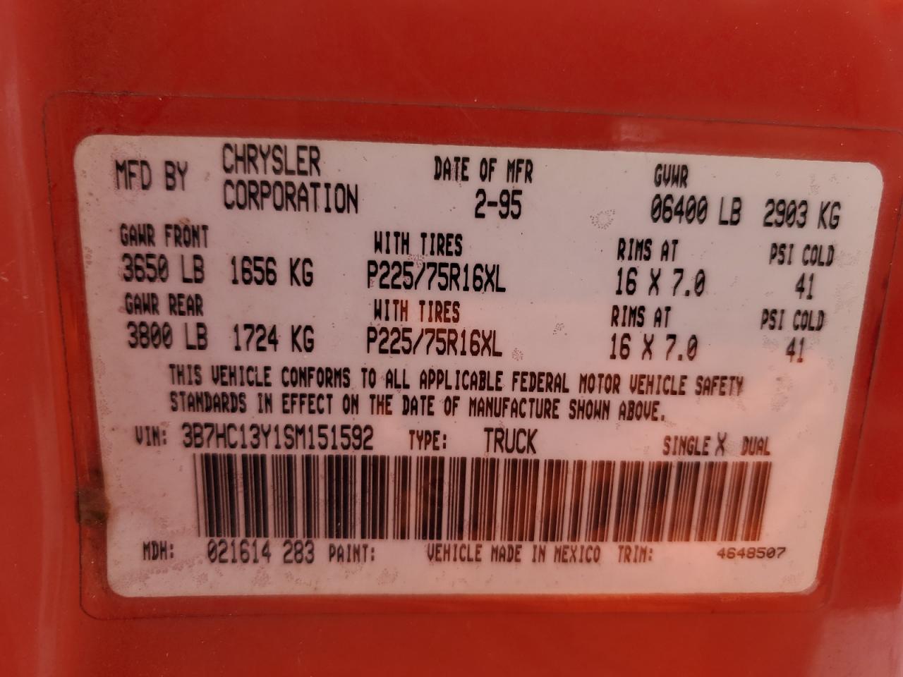 3B7HC13Y1SM151592 1995 Dodge Ram 1500