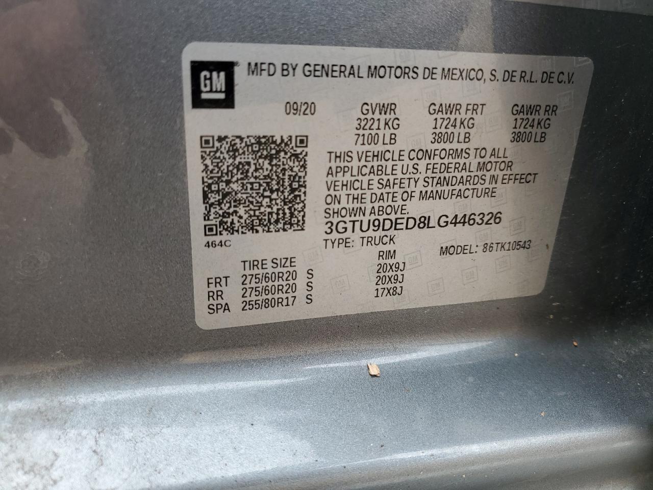 3GTU9DED8LG446326 2020 GMC Sierra K1500 Slt