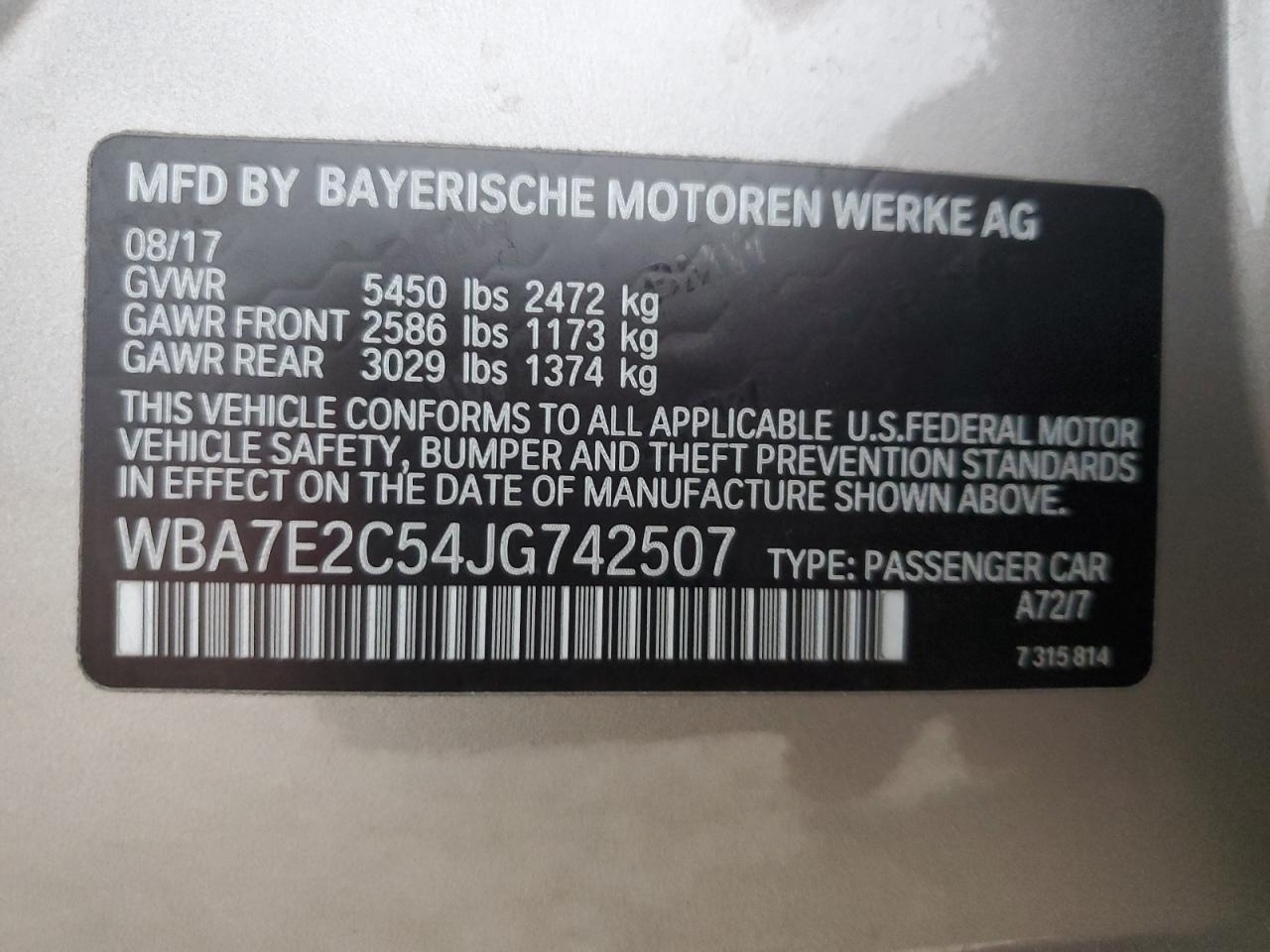 WBA7E2C54JG742507 2018 BMW 740 I