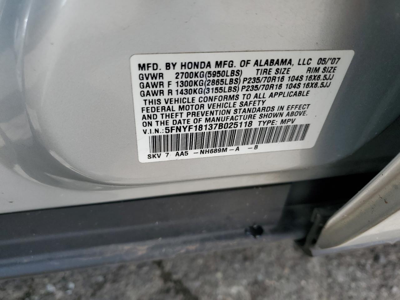 5FNYF18137B025118 2007 Honda Pilot Lx