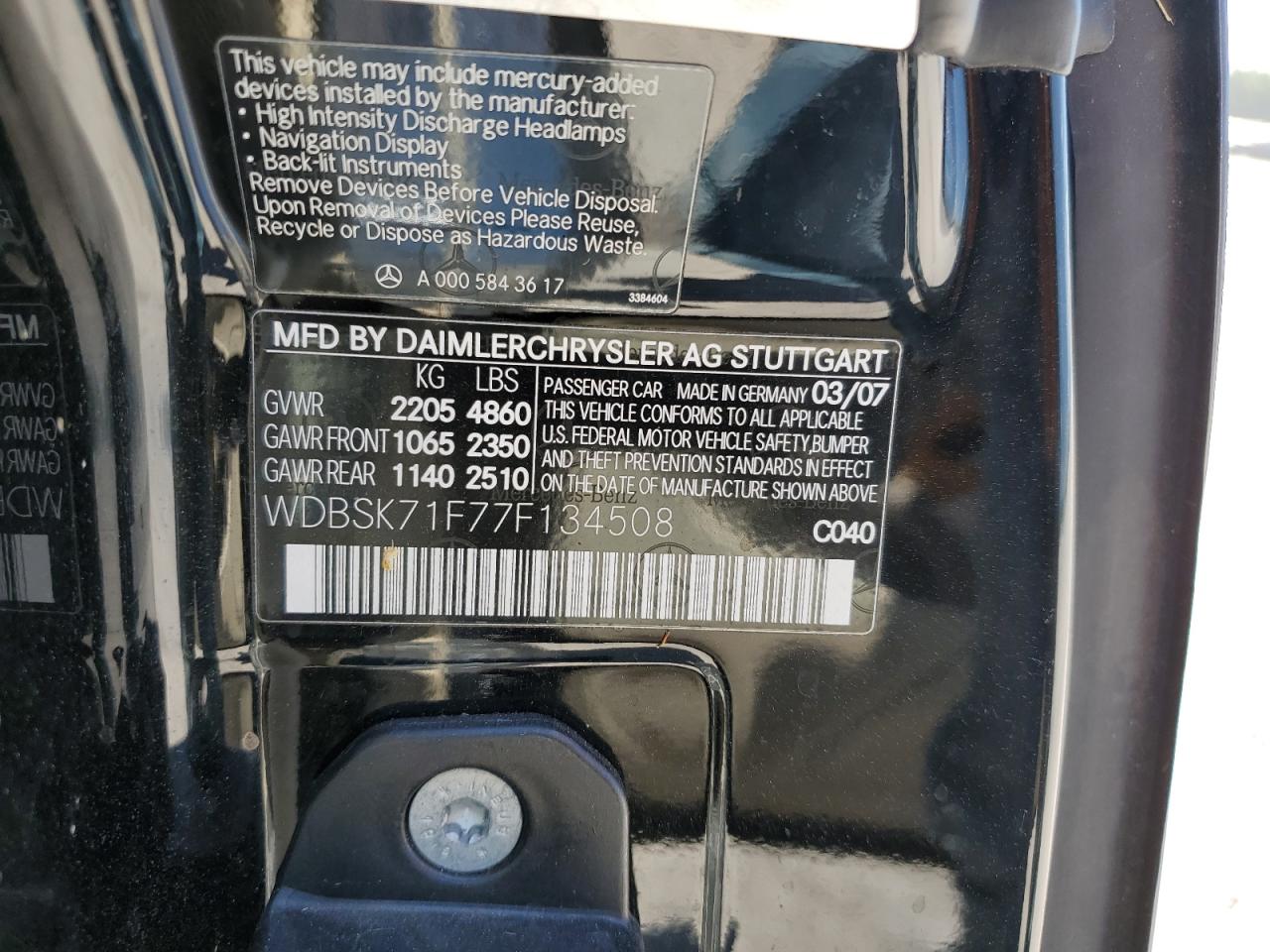 WDBSK71F77F134508 2007 Mercedes-Benz Sl 550