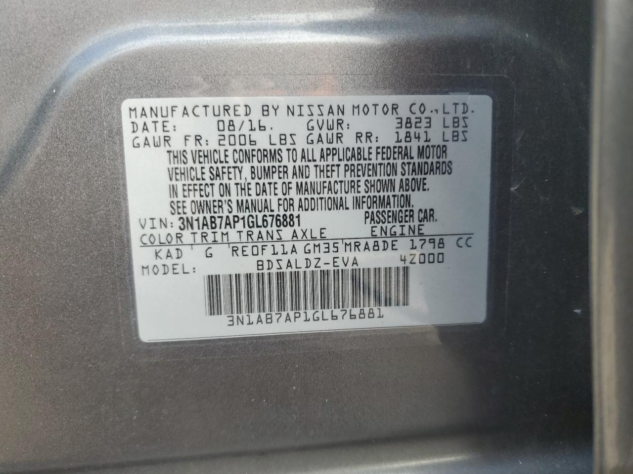 3N1AB7AP1GL676881 2016 Nissan Sentra S