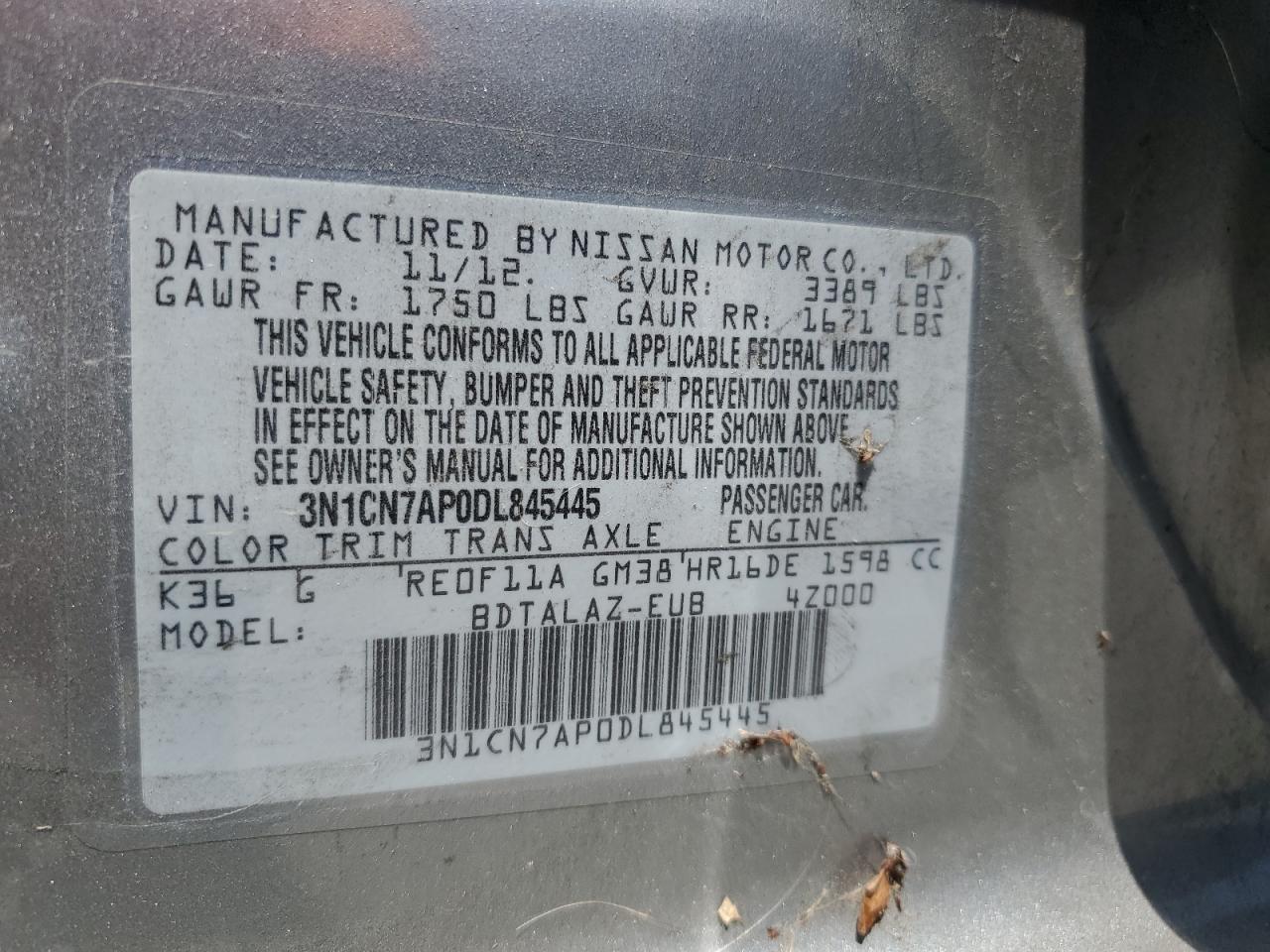 3N1CN7AP0DL845445 2013 Nissan Versa S