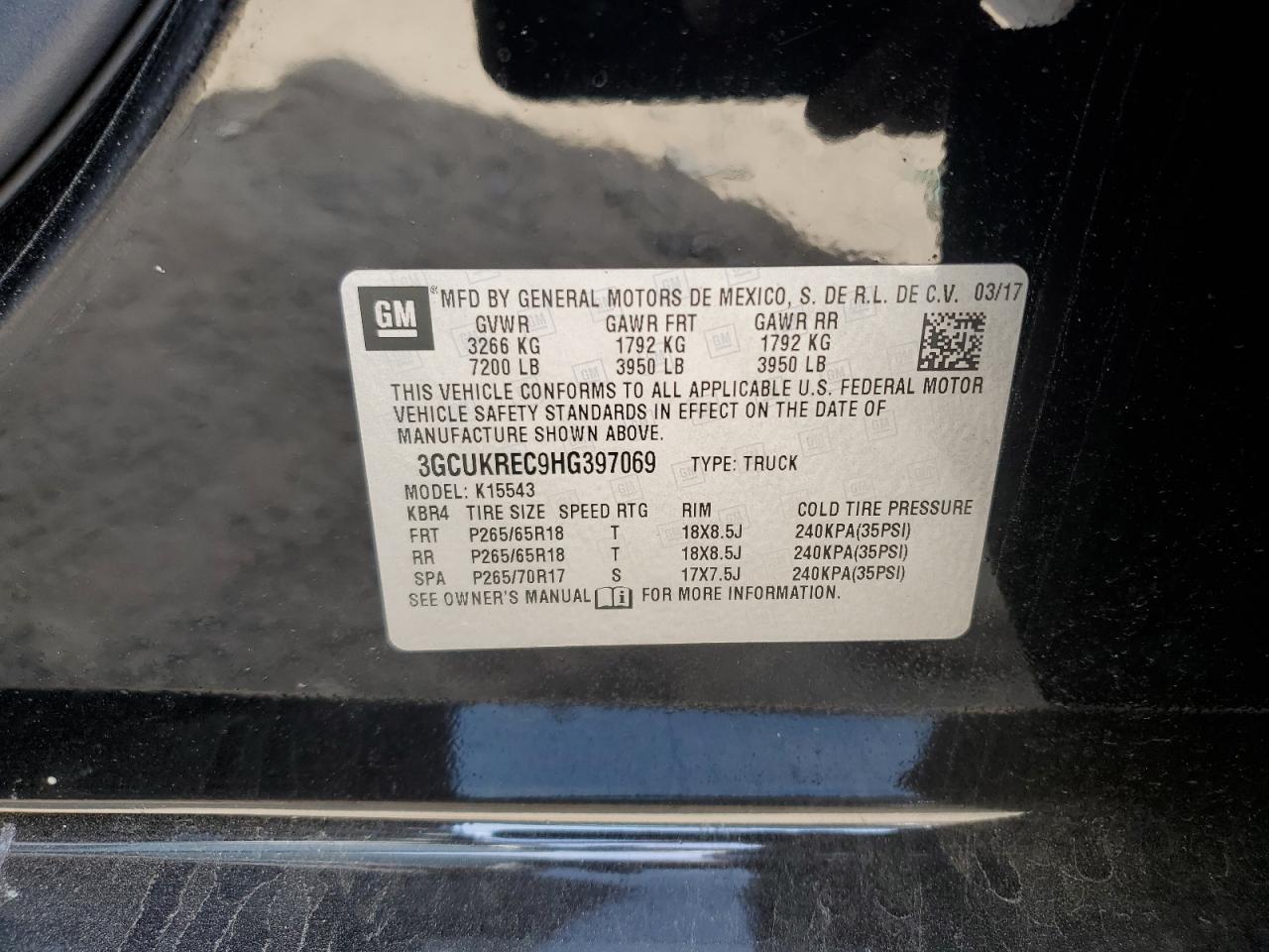 3GCUKREC9HG397069 2017 Chevrolet Silverado K1500 Lt